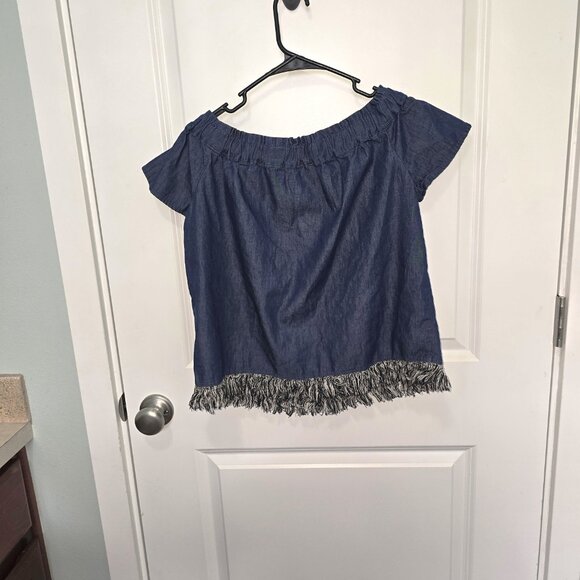 Lumiere Denim Off Shoulder Top Small - Blue Frayed Hem Boho Peasant Blouse - Picture 5 of 5